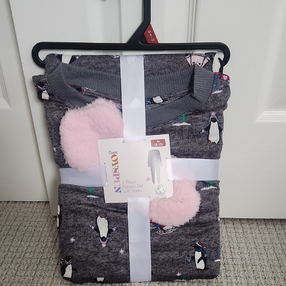 Gray Penguin Pajama Set with Pink Socks